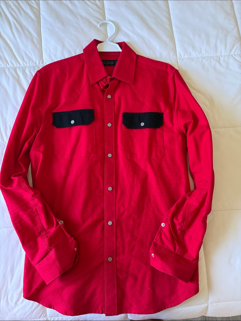 Simons Red Lightweight Shirt-Jacket with Black Pocket Flaps